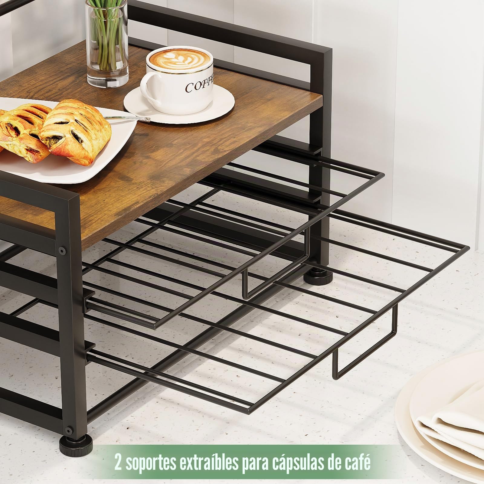 Soporte para cápsulas de café de 3 niveles con cajón para 56 cápsulas, 8 ganchos para tazas, jarabe y especias, estante para cocina, cafetería, oficina, encimera, marrón