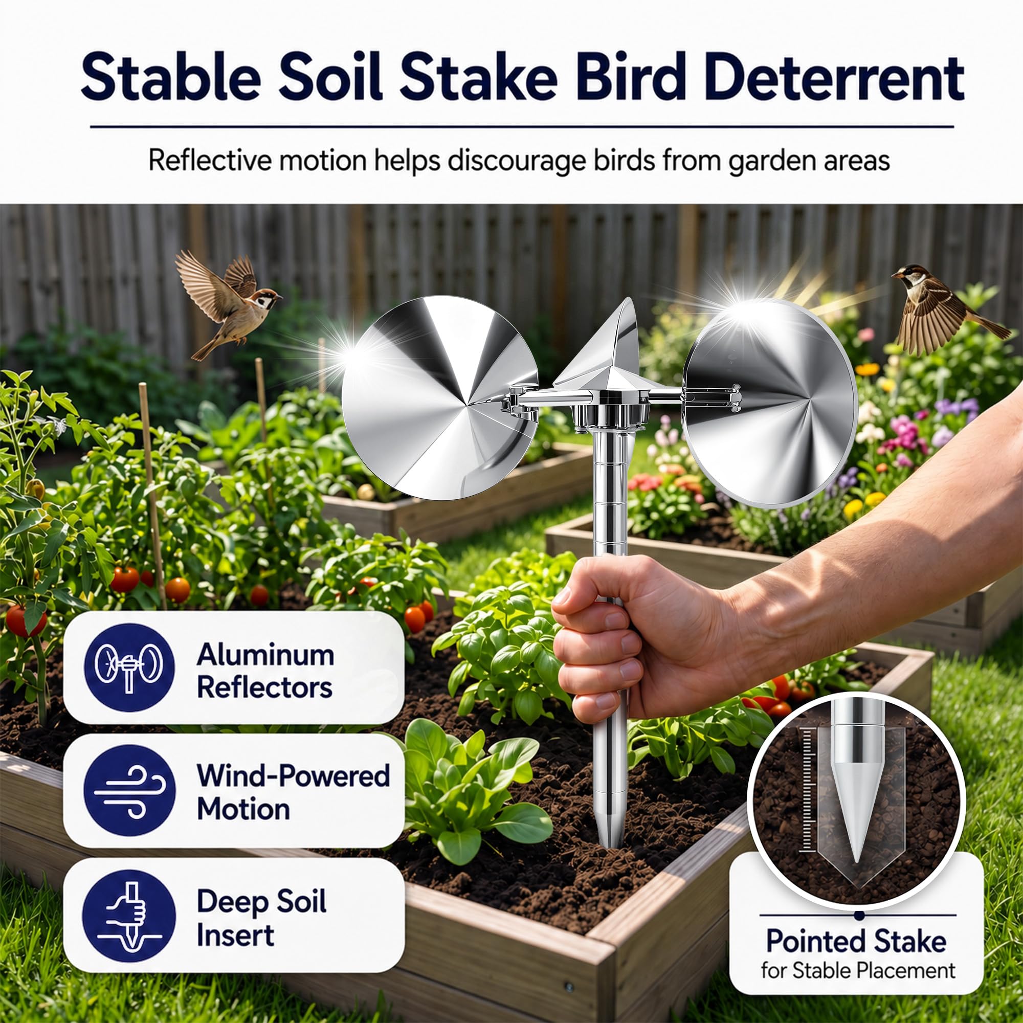 Reflektierende Vogelabwehrpfähle, windbetriebenes Aluminium, Vogelabwehr, für draußen, humane Abwehr aller Vögel, Tauben, Spatzen, Spechte für Hof und Garten, verstellbarer Hals, 2 Stück
