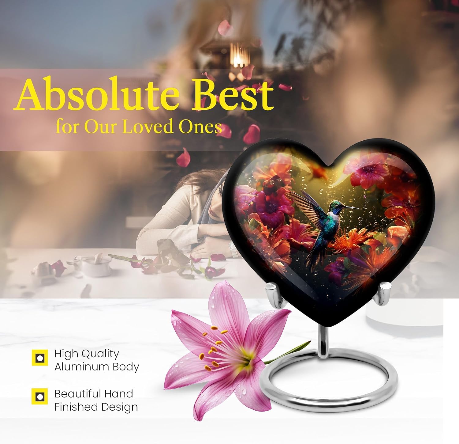 Humming Bird Memorial Urn, Heart Cremation Urn, 3 Inch Urns Urn Set of 2, Black Urns, Mini Urns for Ashes Mom & Dad, Decorative Urns, Keepsake Urns, Urns for Human Ashes Adult Female