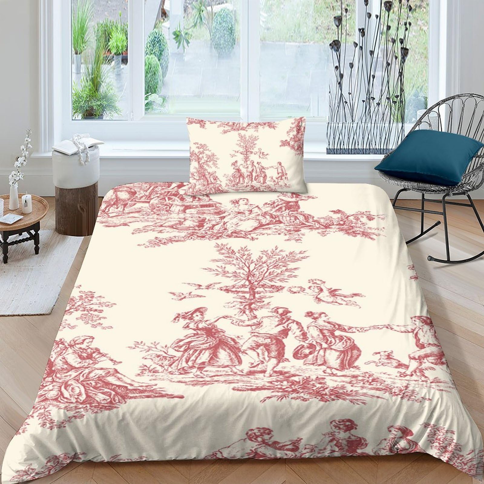 Lently Boys Motif Of Toile De Jouy Duvet Cover Sets - 3D Quilt Cover, Comforter Cover Bedding Set For Kids And Girls 2 Piece Set With Zipper Closure Soft Microfiber Single（135X200cm）