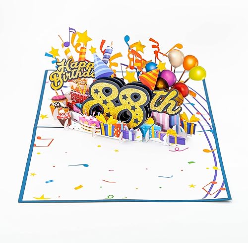 Miniatura 3 de iGifts And Cards Tarjeta desplegable 3D de feliz cumpleaños 88  Diseño azul con números de purpurina, globos, pasteles y regalos  Tarjeta de