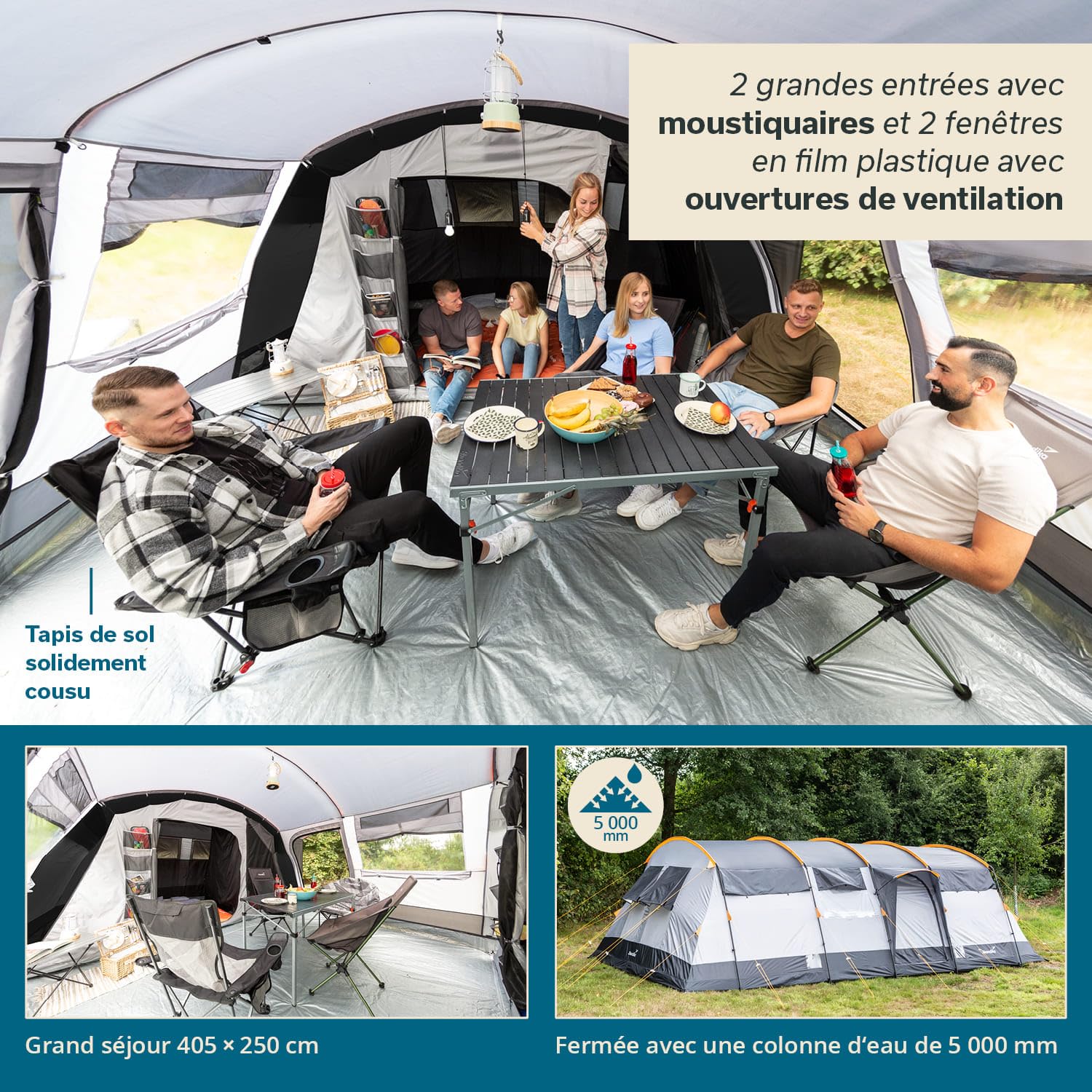 Skandika Tente Tunnel Hurricane pour 12 Personnes | Tente de Camping avec/sans Tapis de Sol Cousu, avec/sans Sleeper Technology, 2 cabines, Colonne d'eau 5000 mm, Hauteur 215 cm