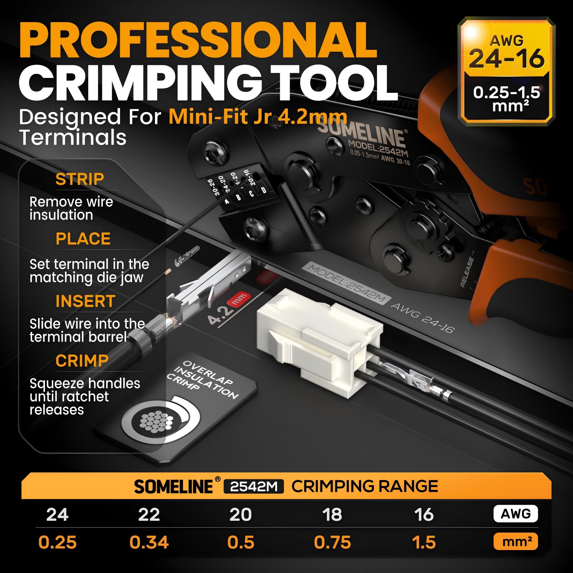SOMELINE Pinza Crimpatrice Mini-Fit Jr Connettori Set, 2-24 Pin 4,2mm (0,25-1,5mm²/24-16 AWG), con Estrattore & Spelafili, per PC & Stampante 3D - Pinza per Molex, Dupont, KF2510, TE