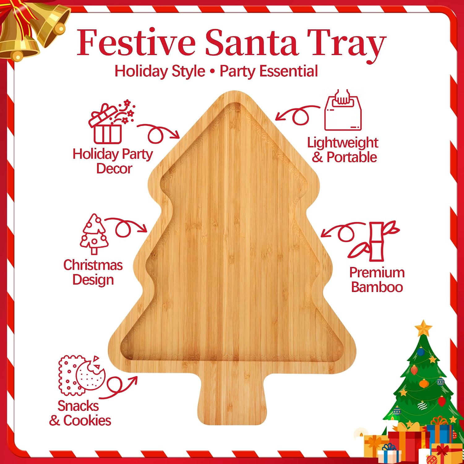 TJ POP Small Christmas Tree Serving Tray 11.8" × 8.7", Bamboo Holiday Serving Platters Charcuterie Board, Christmas Serving Dishes, Table Decorations Supplies for Party