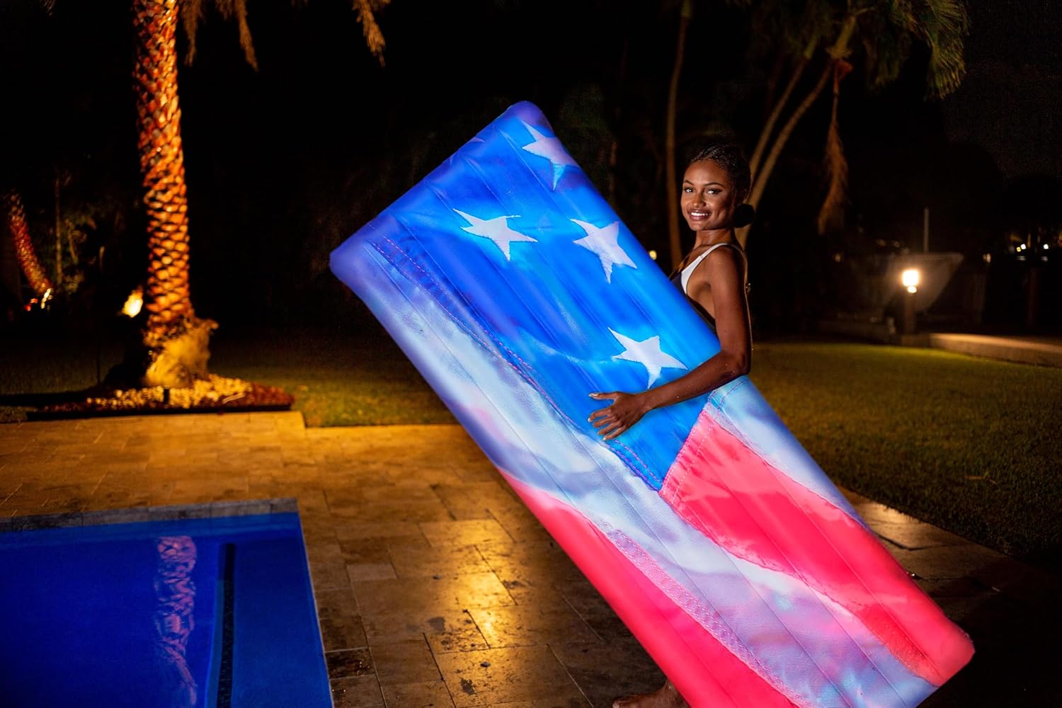 Stars and Stripes American Flag Inflatable Outdoor Pool Rafts, Coolers, & Swim Rig Collection. Celebrate The USA.