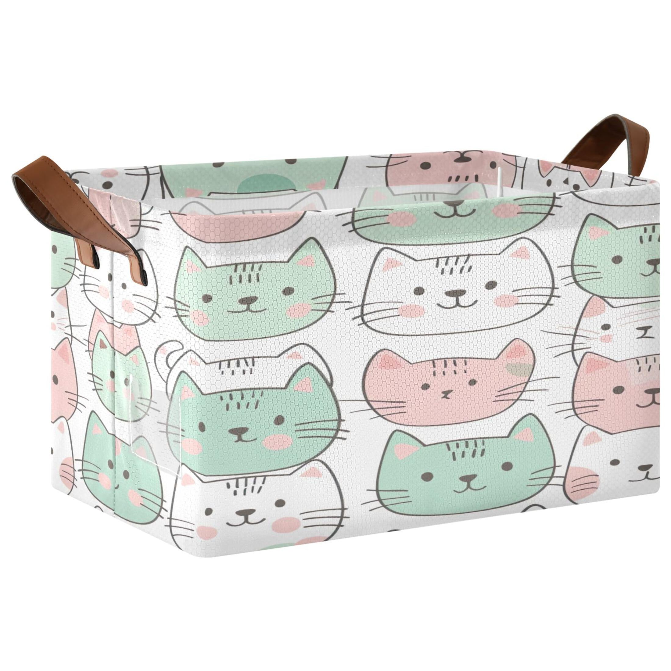 Kutsu Foldable Storage Basket Cats Collapsible Storage Bin with Handles for Shelves, Rectangle Basket for Home Nursery Decor, 16.9x11.4x10 in