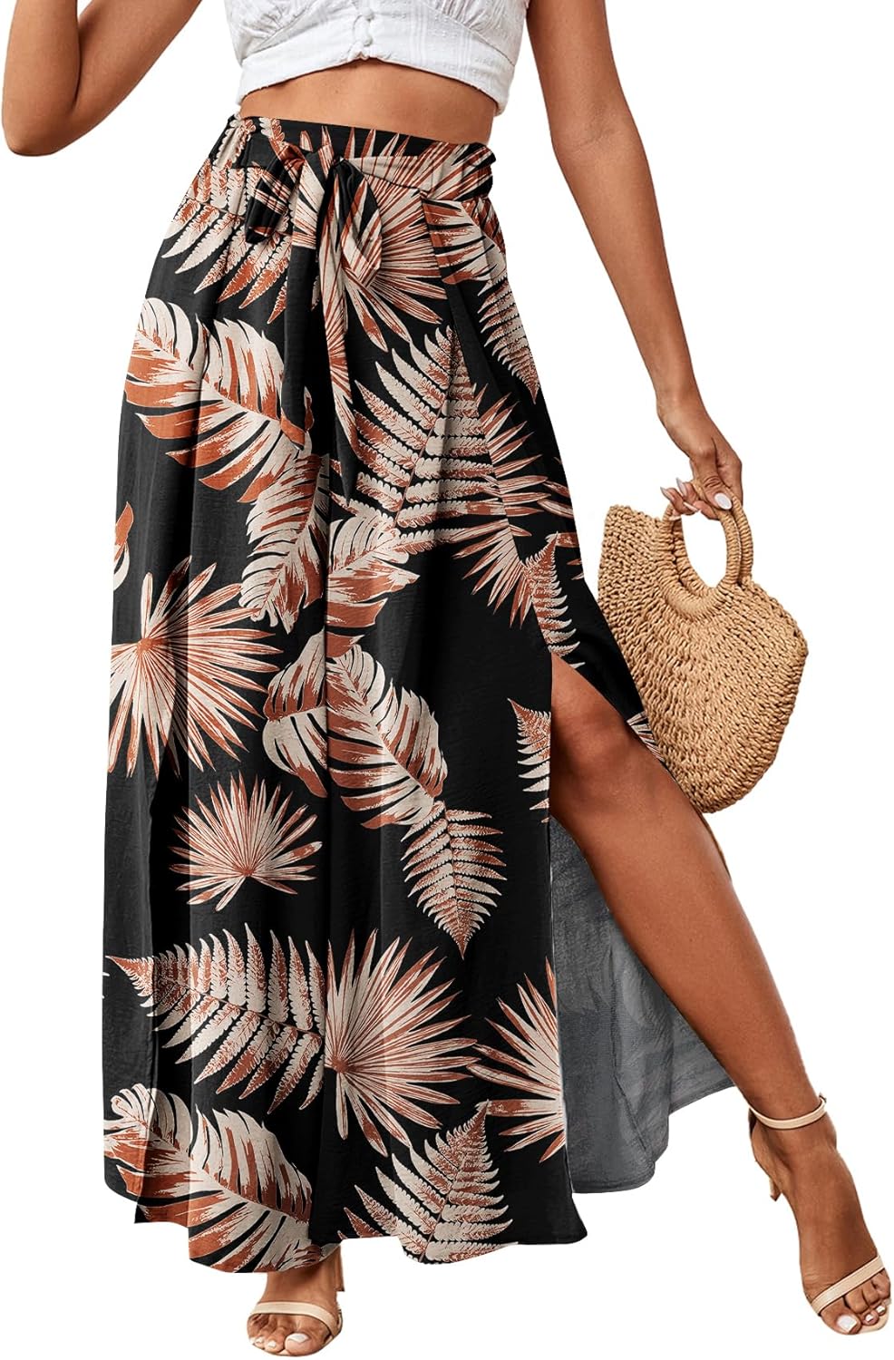 LYANER Women's Tie Front High Waist Side Split Slit Flowy Wide Leg Pleated Pant with Belt