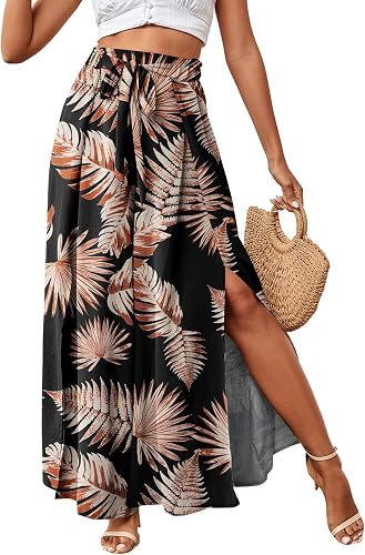 LYANER Women's Tie Front High Waist Side Split Slit Flowy Wide Leg Pleated Pant 