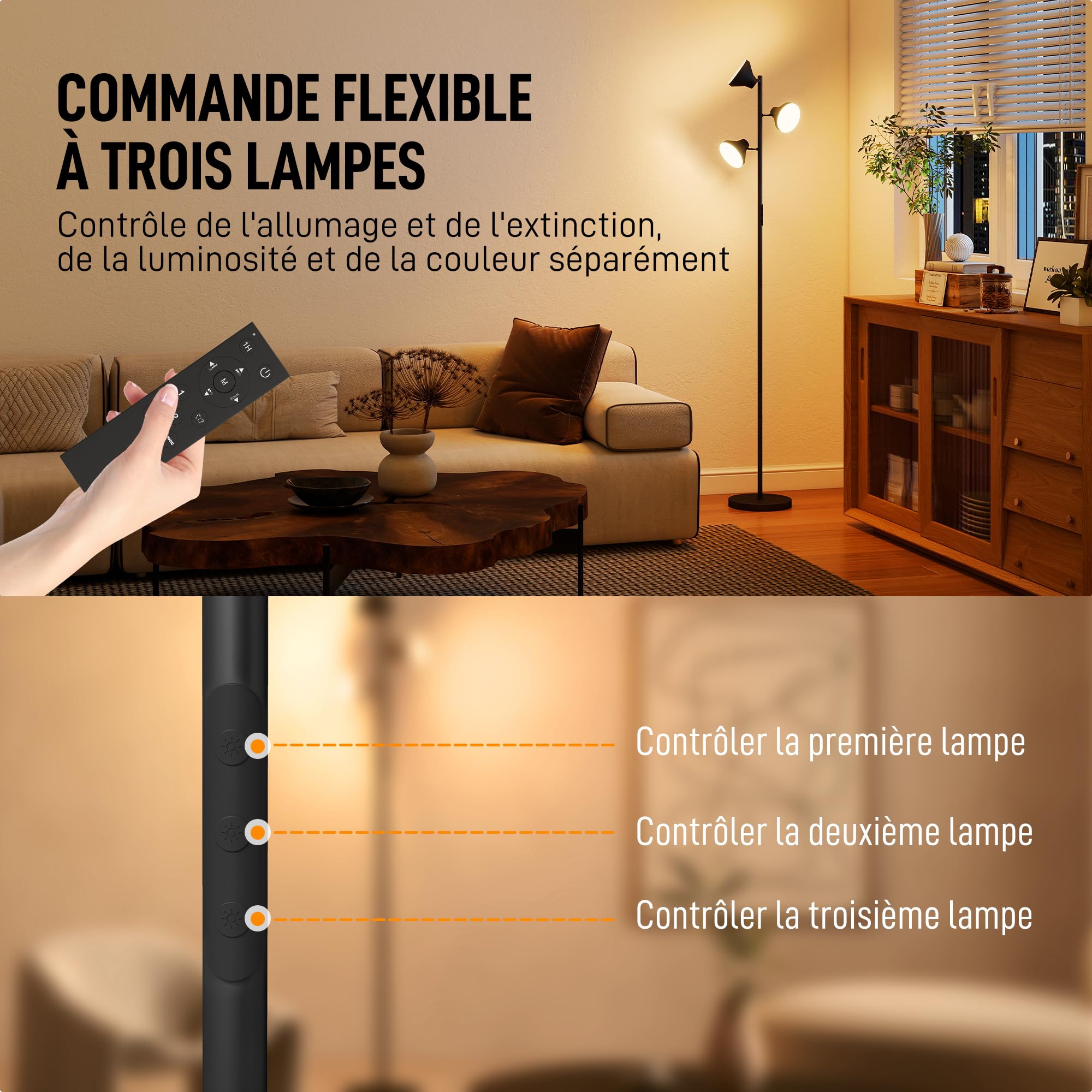 HOMCOM Lampadaire LED RGB 36W Dimmable Salon 2700K-6000K 4150 lm Noir