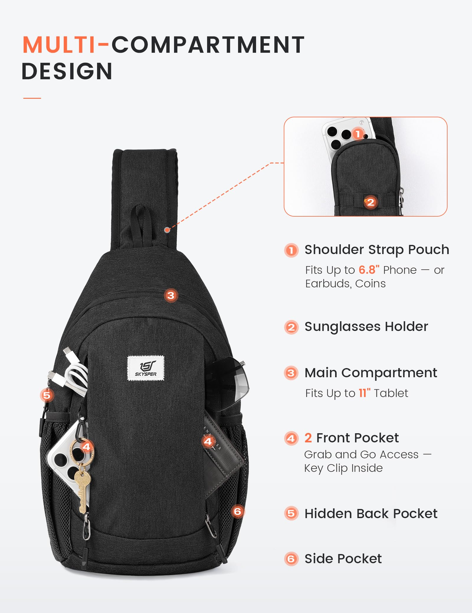 SKYSPER Borsa a tracolla Sling Bag Antifurto RFID Crossbody Borsa Viaggio per Uomo e Donna(Nero)