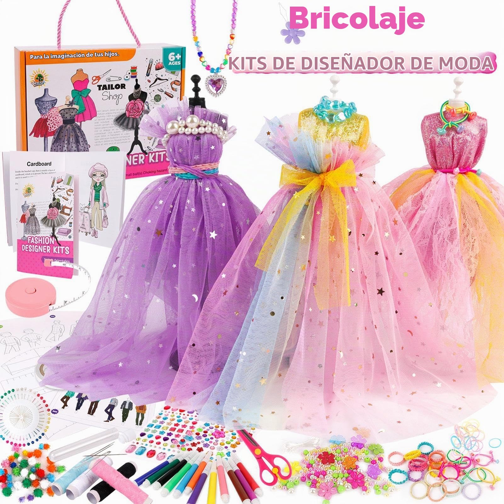 Kit de diseño de moda para niñas: kit de costura con 2 soportes para maniquí, suministros de 345 piezas | Juego de confección de ropa para muñecas para niños, aprende a coser | Regalo de cumpleaños pe