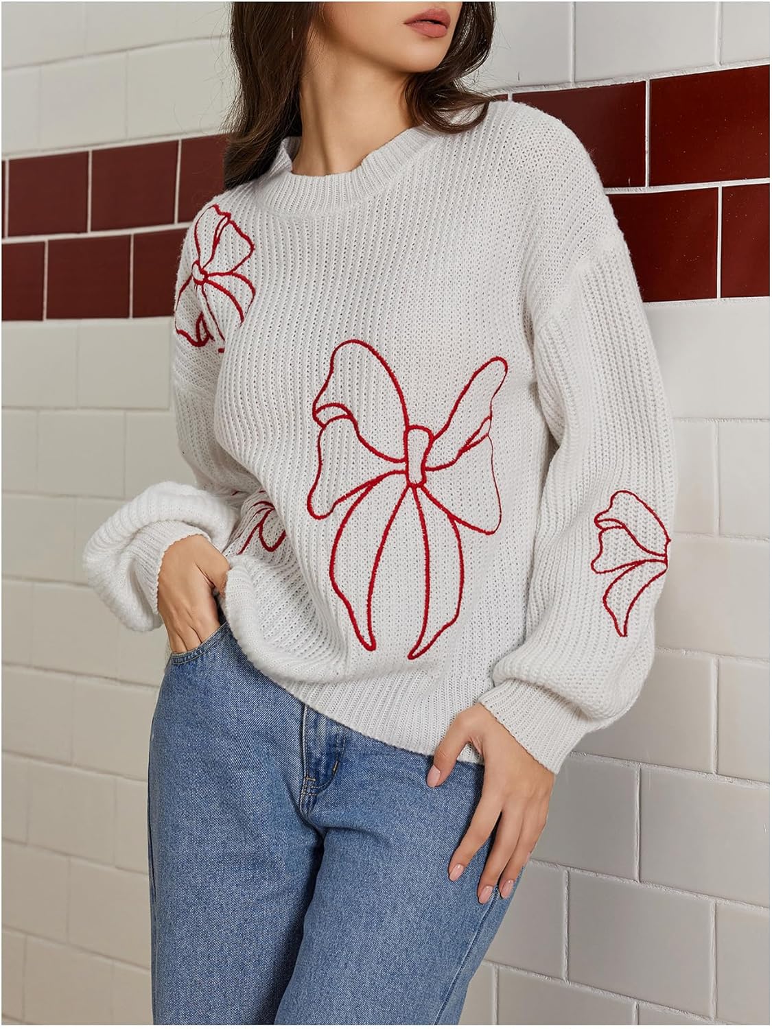 Verdusa Women's Bow Embroidery Cozy Sweater Fall Outfits Oversized Pullover Ribbed Knit Tops - Image 3