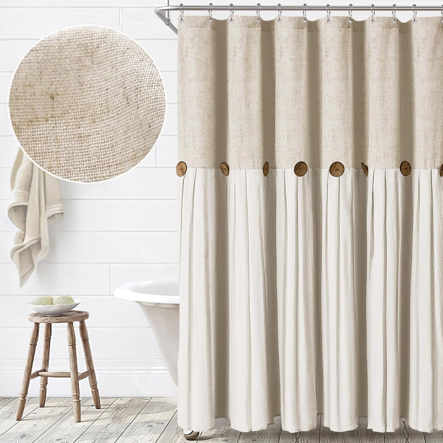 Amazon.com: Awellife Farmhouse Cream Shower Curtain Button Linen ...