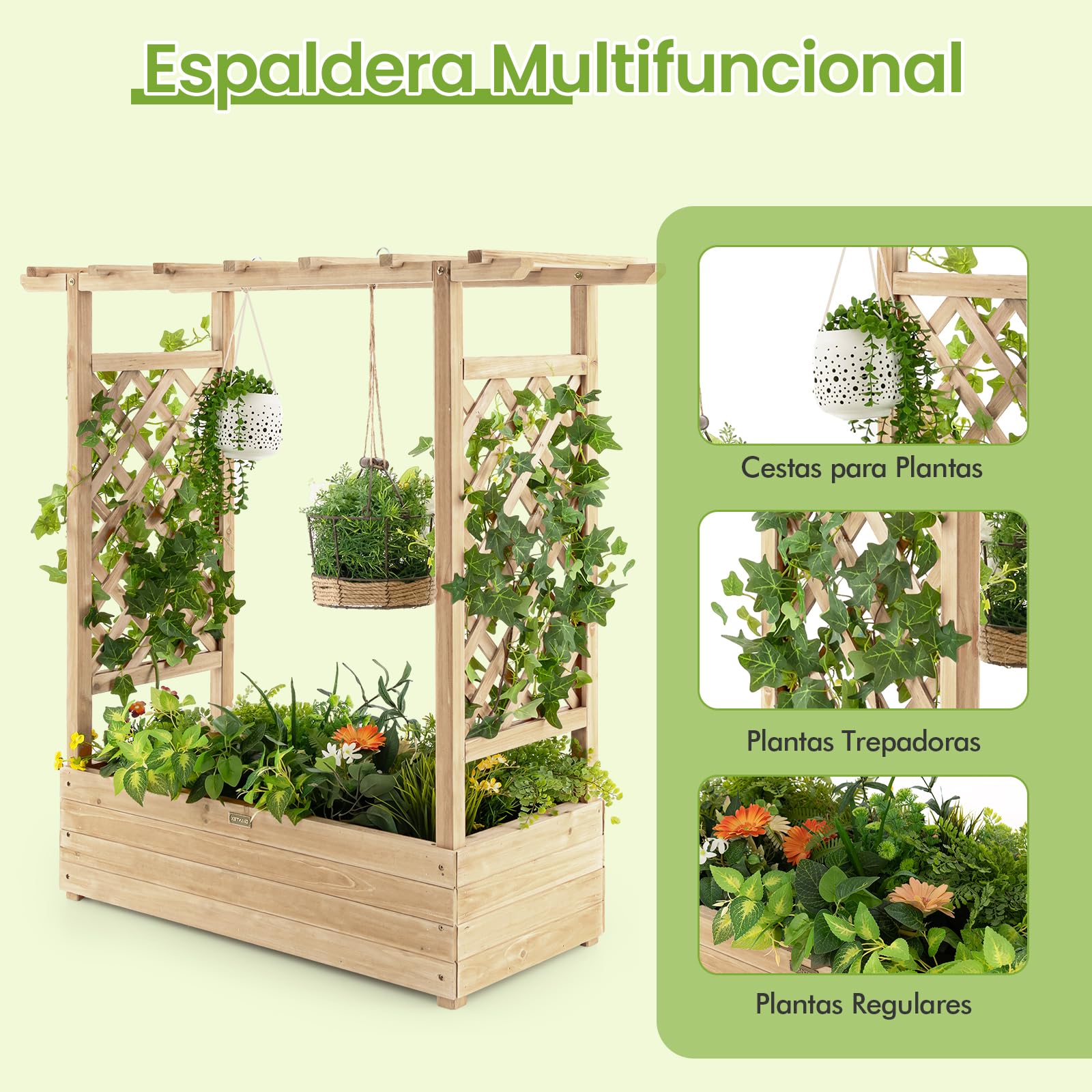 COSTWAY Jardinera Elevado con Enrejado Arqueado, Techo Colgante, Macetero, Orificios de Drenaje, Contenedor Vertical de Plantas, Macetero de Madera Interior Exterior para Jardín Patio (Natural)