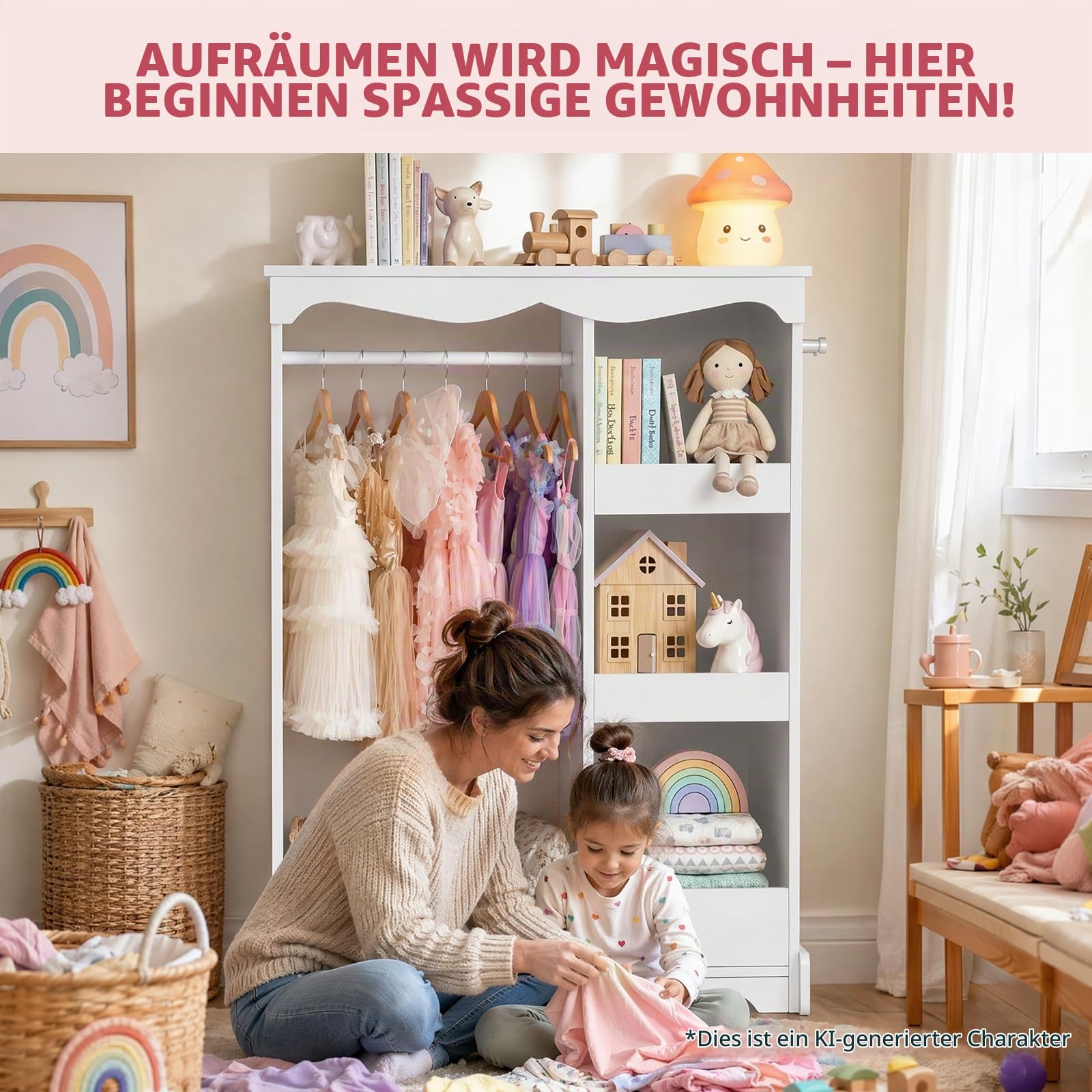 VOWNER Kinder Kleiderschrank, Kindergarderobe mit Spiegel, Kleiderstange, Kinderzimmer mit Regalens Weiß