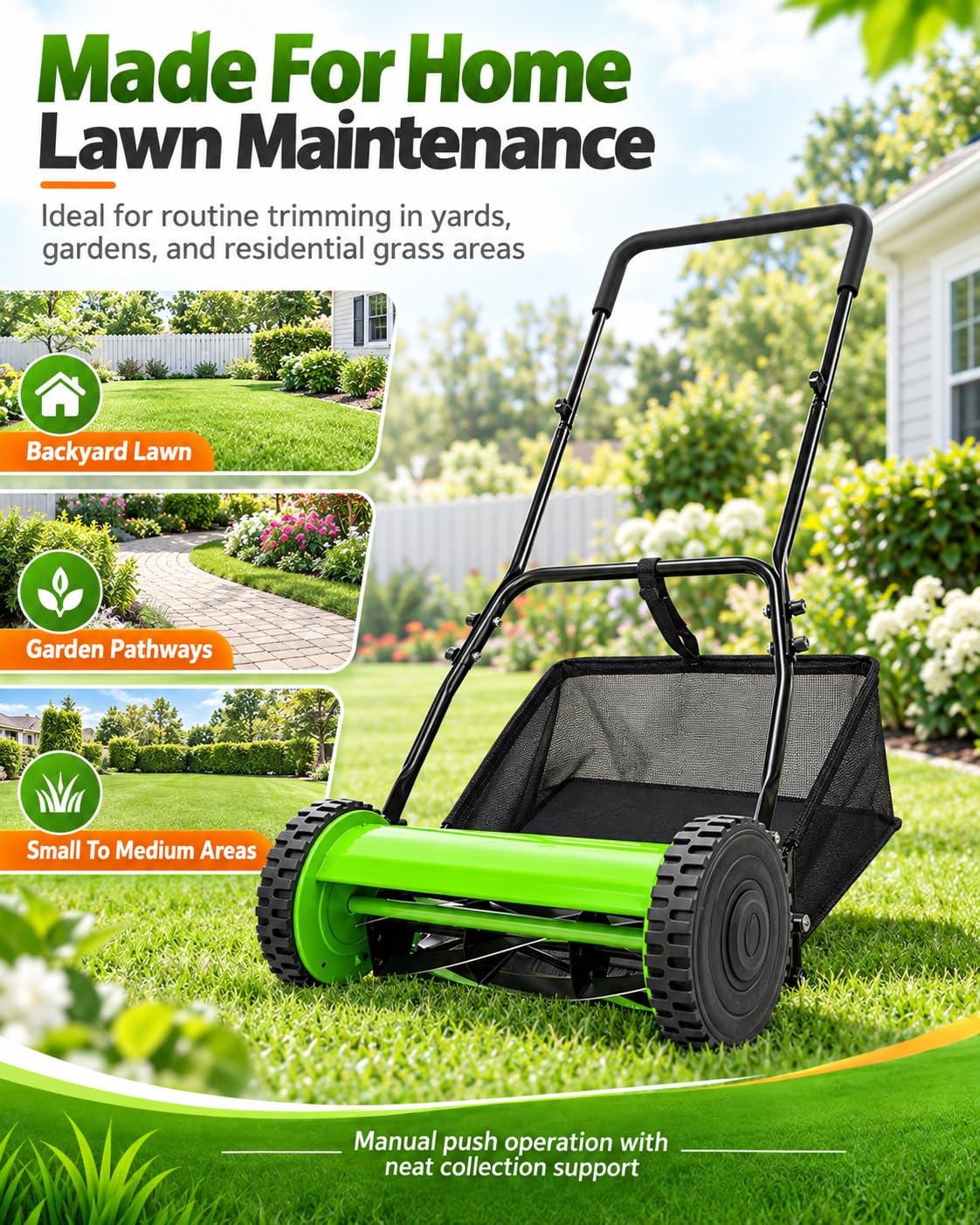 Cortacésped Manual Helicoidal de Empuje con Recogedor Altura Ajustable 17 a 33 mm Ancho de Corte 30 cm Cuchillas de Acero al Manganeso 65 para Jardín Césped Patio Hogar,Verde