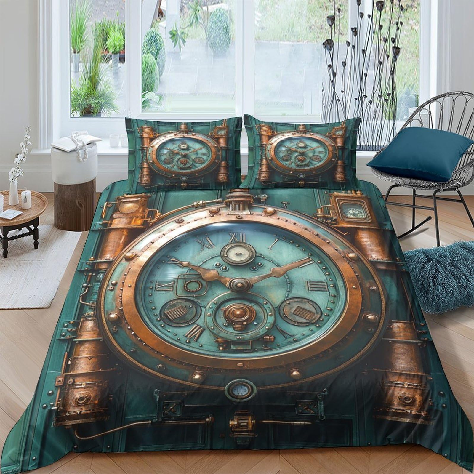 Ctjqhvkz Style-4 3D Printed Steampunk Clock Fitted Sheet Microfiber Decorative Vintage Gear Mattress Cover For Bedroom Dorm Protection Single（135X200cm）
