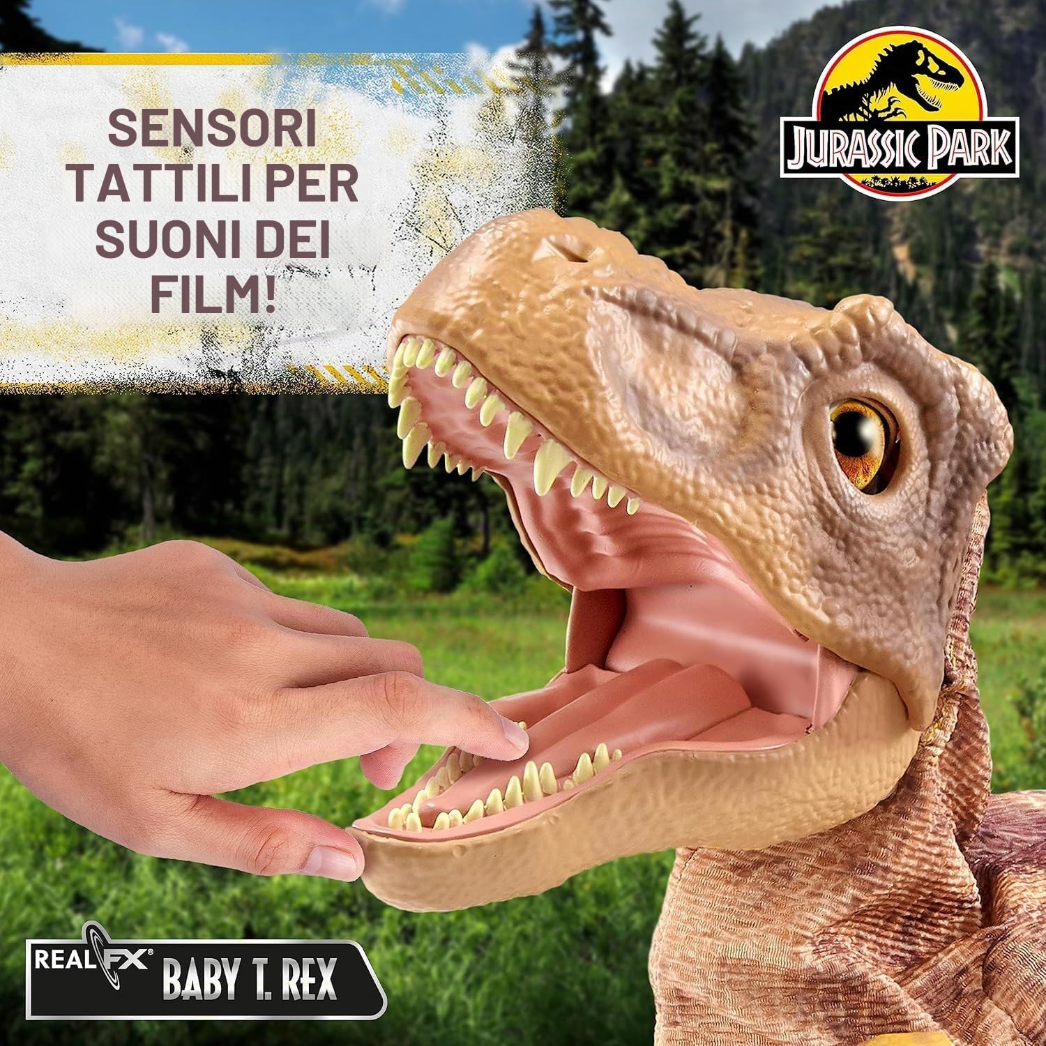 WOW! STUFF Jurassic Park Real FX Baby T.REX Dinosaur, edizione speciale, giocattolo animatronico iperrealistico, realistico, realistico, con suoni reali del film, regalo ufficiale Jurassic World,