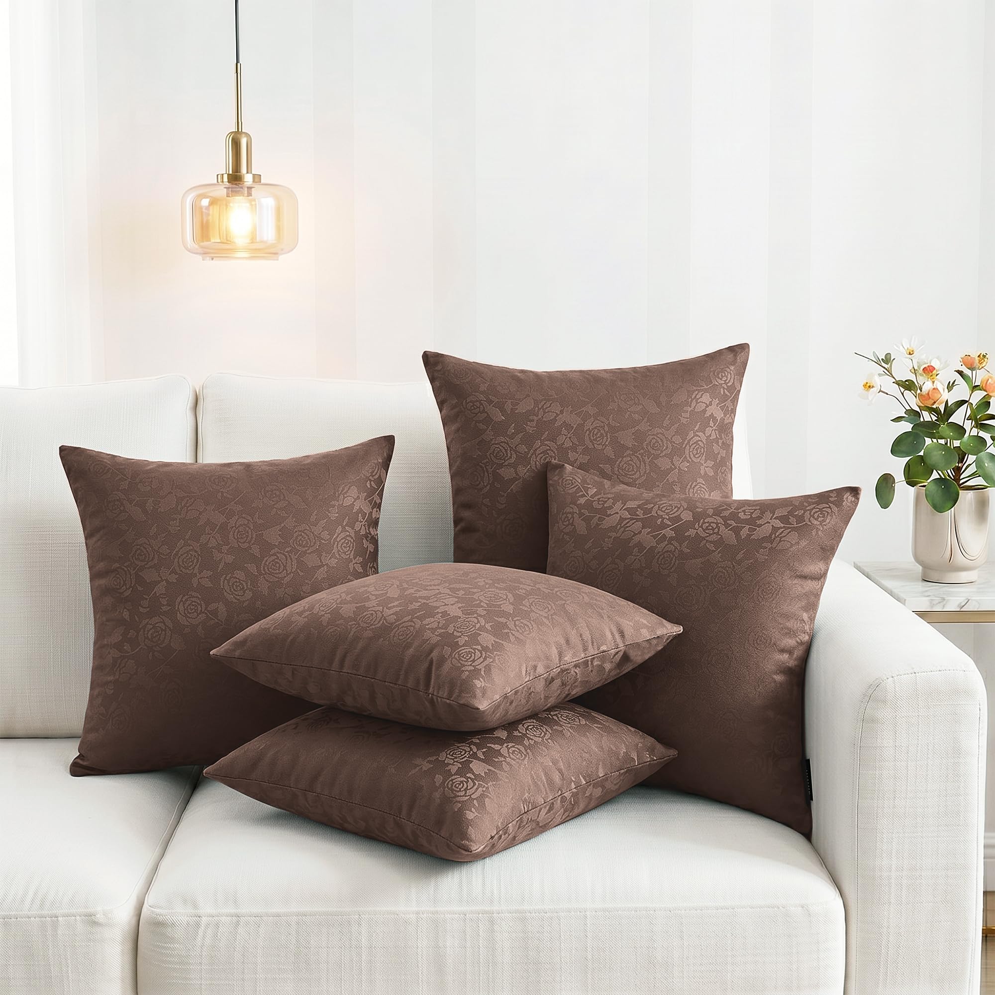 Premium Self Printed Cotton Cushion Covers 18x18 Inches Set of 5 | Cotton Blend Decorative Sofa Pillow Covers | Modern Living Room, Bedroom, Couch Decor (Brown)-image-46