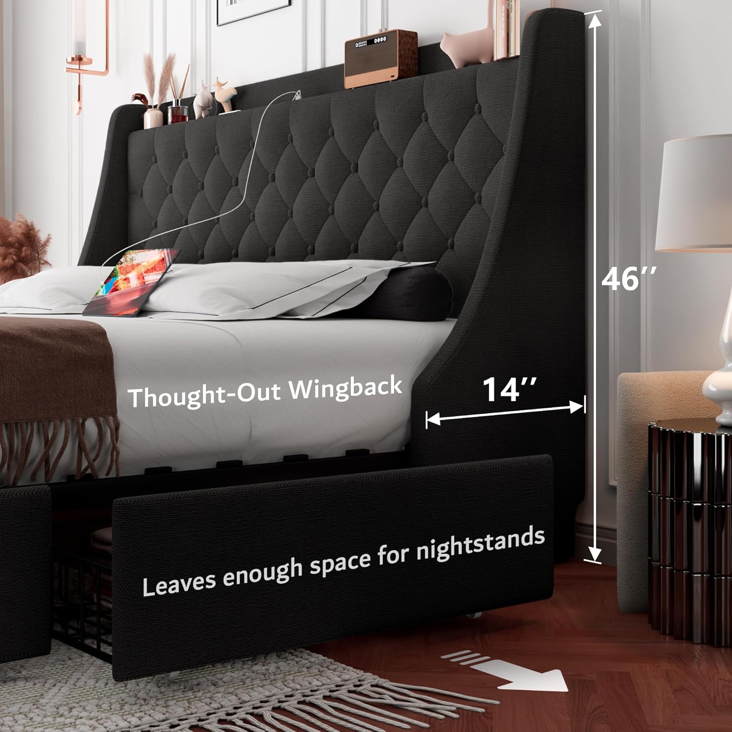 Wingback headboard of the bed frame showing space for nightstands