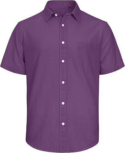 Miniatura 88 de J.VER Camisas de manga corta de lino y algodón para hombre, estilo informal, ligeras, con botones, para vacaciones, playa y verano, con bolsillo