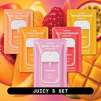 Touchland Juicy 5 Hydrating Hand Sanitizer Spray Set Travel Size | TSA ready Power Mist with skincare benefits. Citrus Grove, Berry Bliss, Wild Watermelon, Velvet Peach and Mango Passion