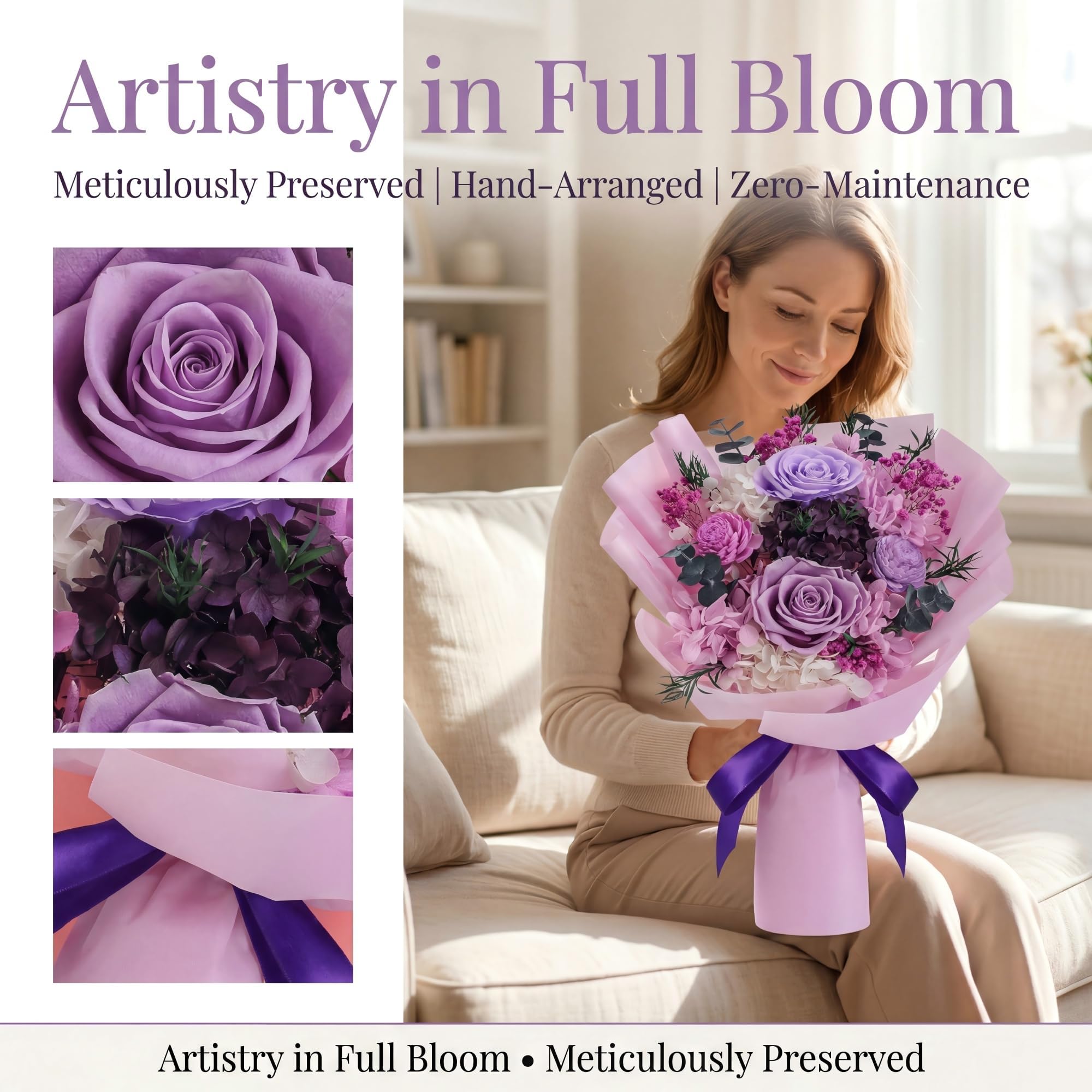 Bouquet de fleurs préservées, bouquet de roses violettes qui durent 3 à 5 ans, fleurs éternelles, fleurs pour livraison Prime, cadeau pour elle, anniversaire, Noël, Saint-Valentin, fête des mères,
