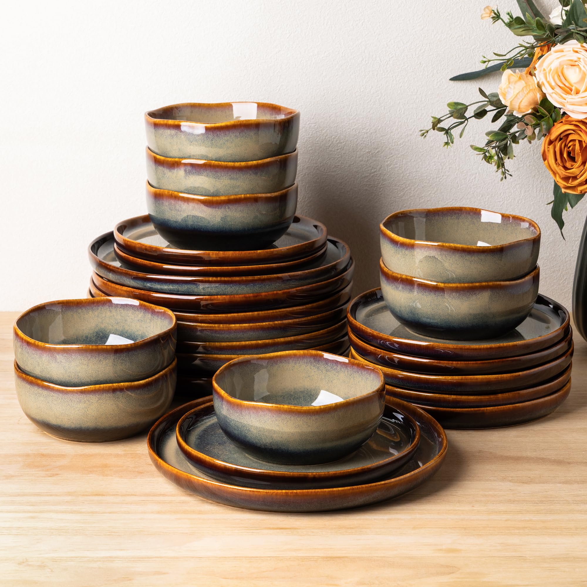 TheTerra Ceramic Dinnerware Set for 8, 24-Piece Plates and Bowls Set | Handmade Reactive Glaze Dish Set, Scratch Resistant, Oven &amp; Microwave &amp; Dishwasher Safe, Coffee Bean