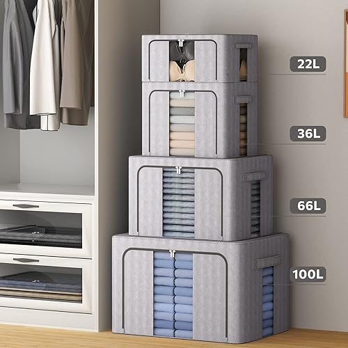 Miniatura 6 de Paquete de 3 contenedores de almacenamiento de ropa, apilables, de gran capacidad, con marco de metal, plegable, de tela Oxford, organizador con