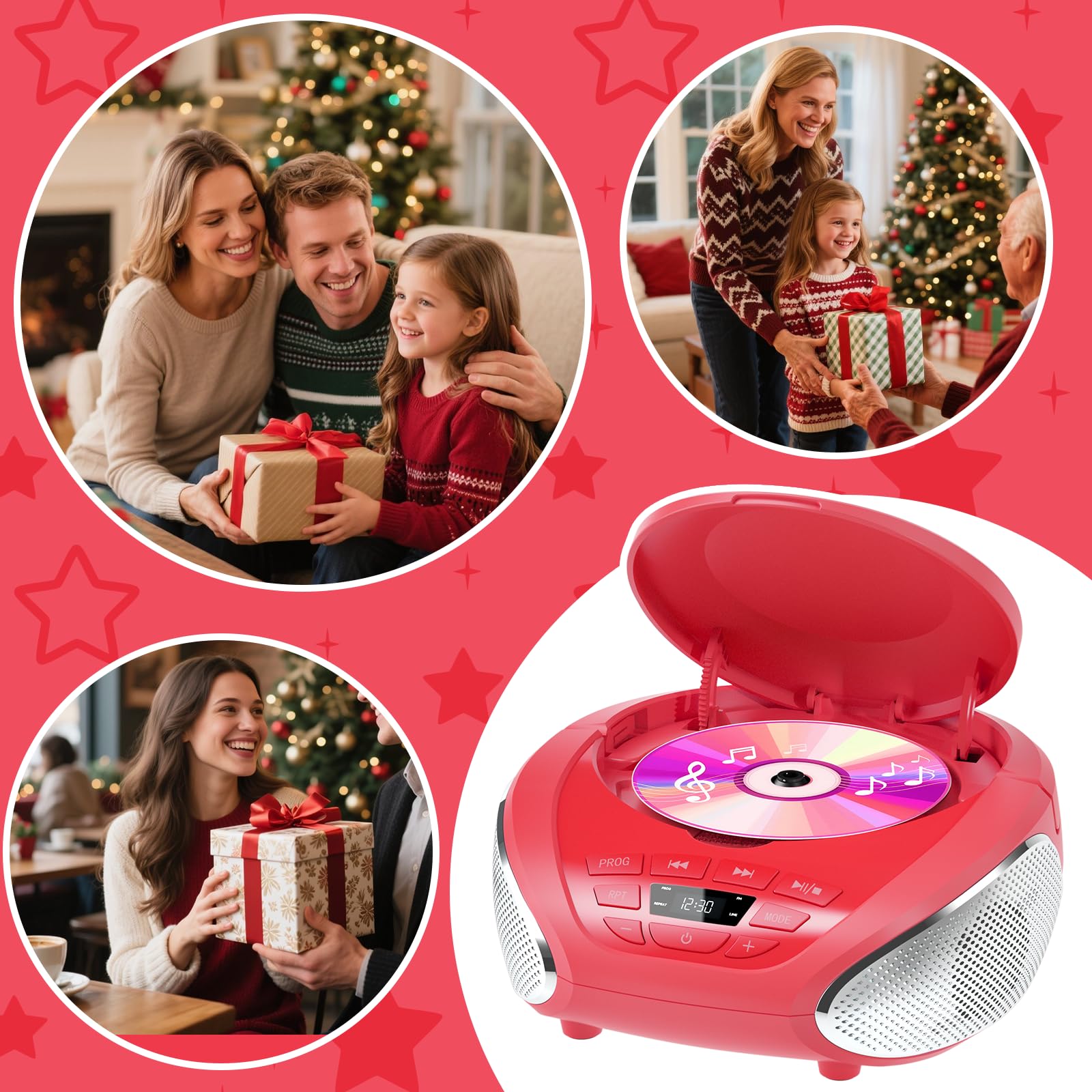 Gueray Lecteur CD Portable Boombox avec Haut-parleurs et Radio Rouge