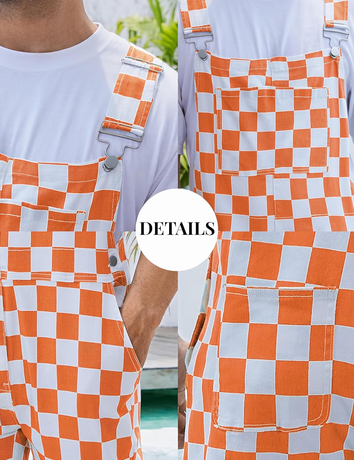 Odefou Checkered Pants Mens Overalls Bib Coveralls Cute Stretch Jeans Jumpsuit