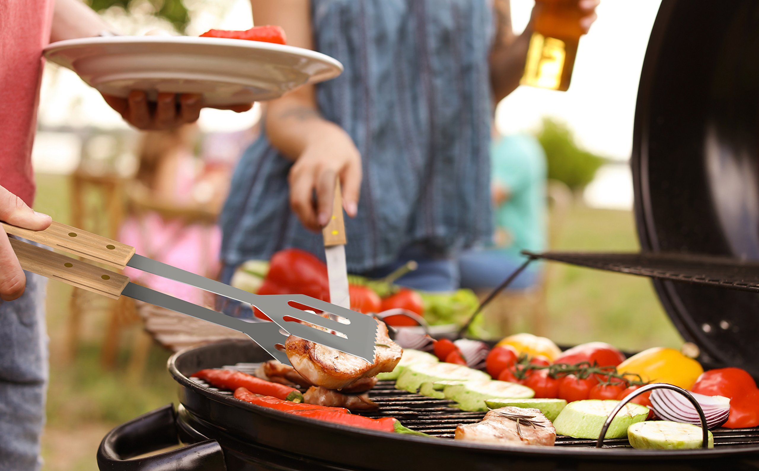 bonVIVO Ensemble Barbecue 5 Pièces, Accessoires BBQ INOX Longs Manches en Bois