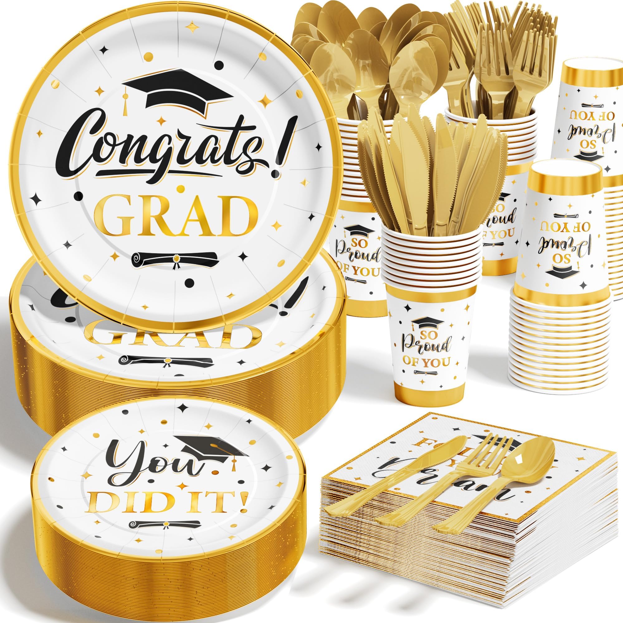 Ecomore Graduation Decoration Class of 2025, 350PCS Graduation Party Supplies Disposable Dinnerware(Serve 50) with Paper Plates Cup Napkin Fork Knife