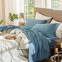 Vista 28 de MooMee – Juego de sábanas Gingham 100% algodón lavado con textura parecida al lino transpirable suave con bolsillo elástico de 16-19" de profundidad