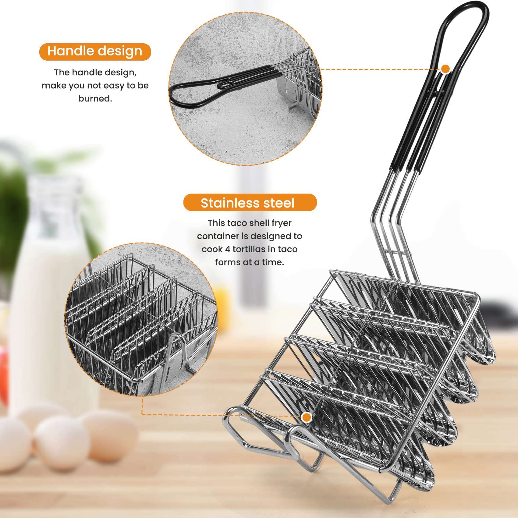 Freidora De Conchas De Taco Para 8 Unidades - Cesta Con Mango Desmontable, Acero Inoxidable