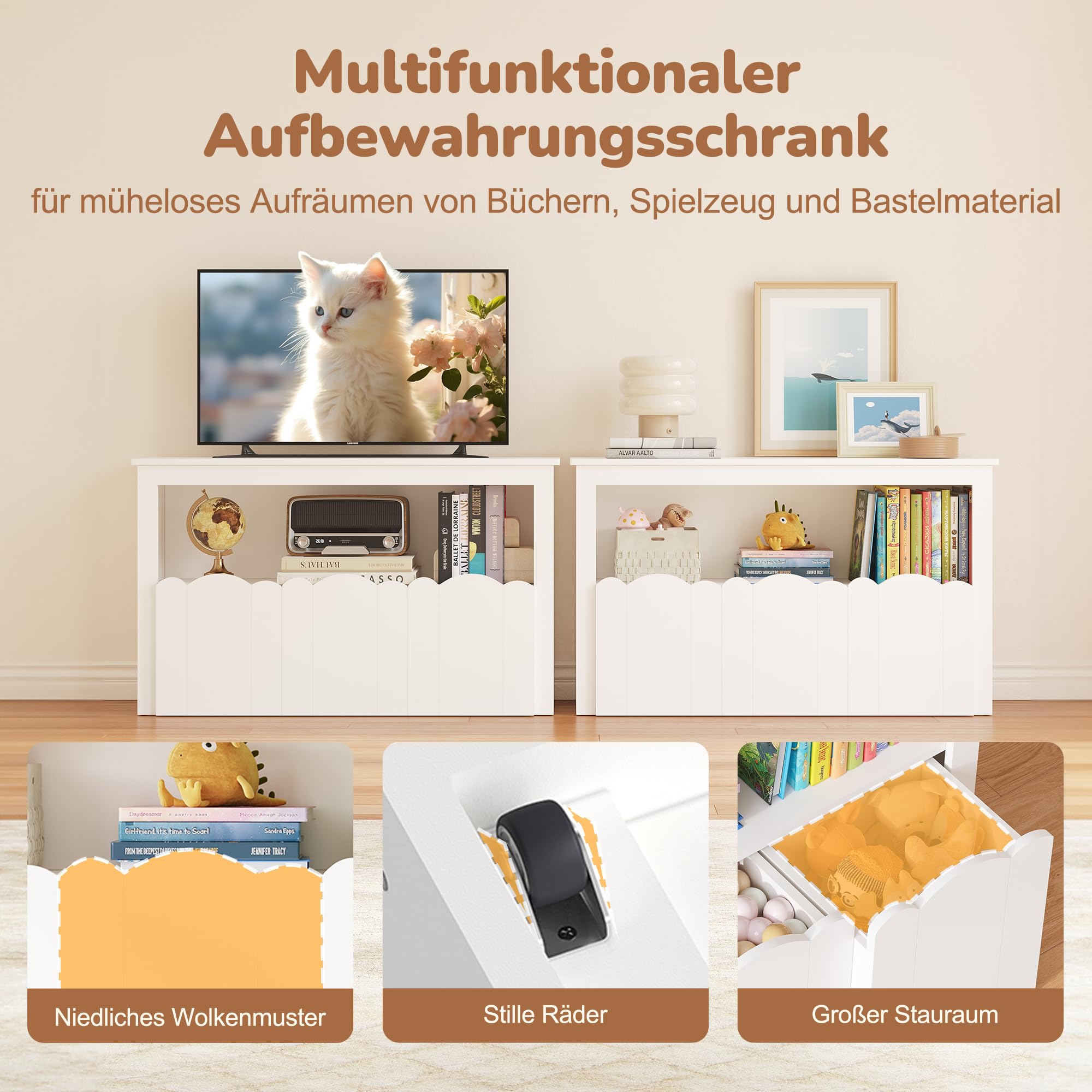 YOUDENOVA Kinderregal, Kinderzimmer Möbel mit 3 Boxen, Spielzeug Aufbewahrung auf Rollen, 102,2x33x61,5 cm, Aufbewahrung Kinderzimmer für Bilderbücher, Geschichtenbücher und Spielzeug, Weiß
