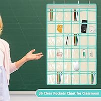 Vista 8 de Organizador de 36 bolsillos transparentes para aulas, soporte para calculadora de teléfonos celulares con ganchos, calculadoras de puerta de pared