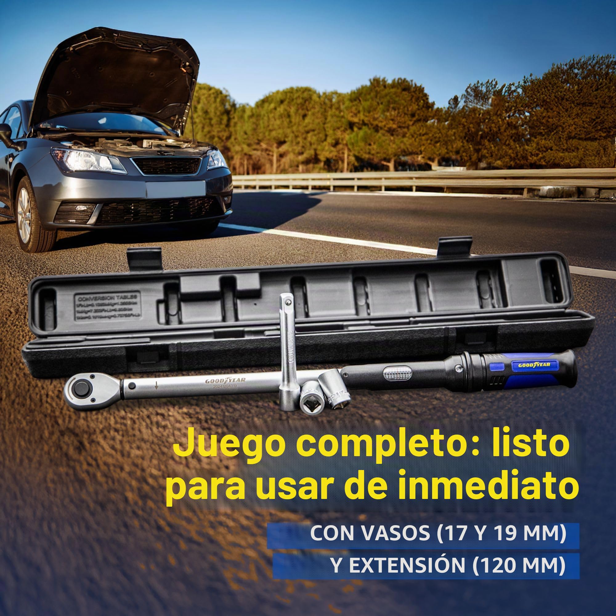 Goodyear Llave dinamométrica de primera calidad, ajustable de 42 a 210 Nm, accionamiento cuadrado de 1/2", incluye extensión y casquillos de 17 mm y 19 mm