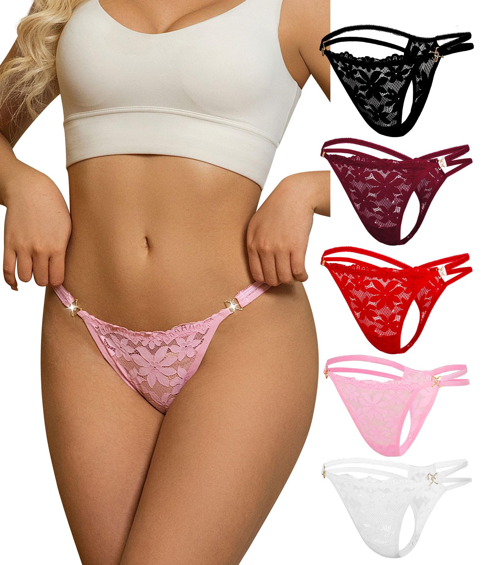 Banamic Sexy Thongs for Women G-String Thongs with Double Straps Floral Lace Breathable Panties