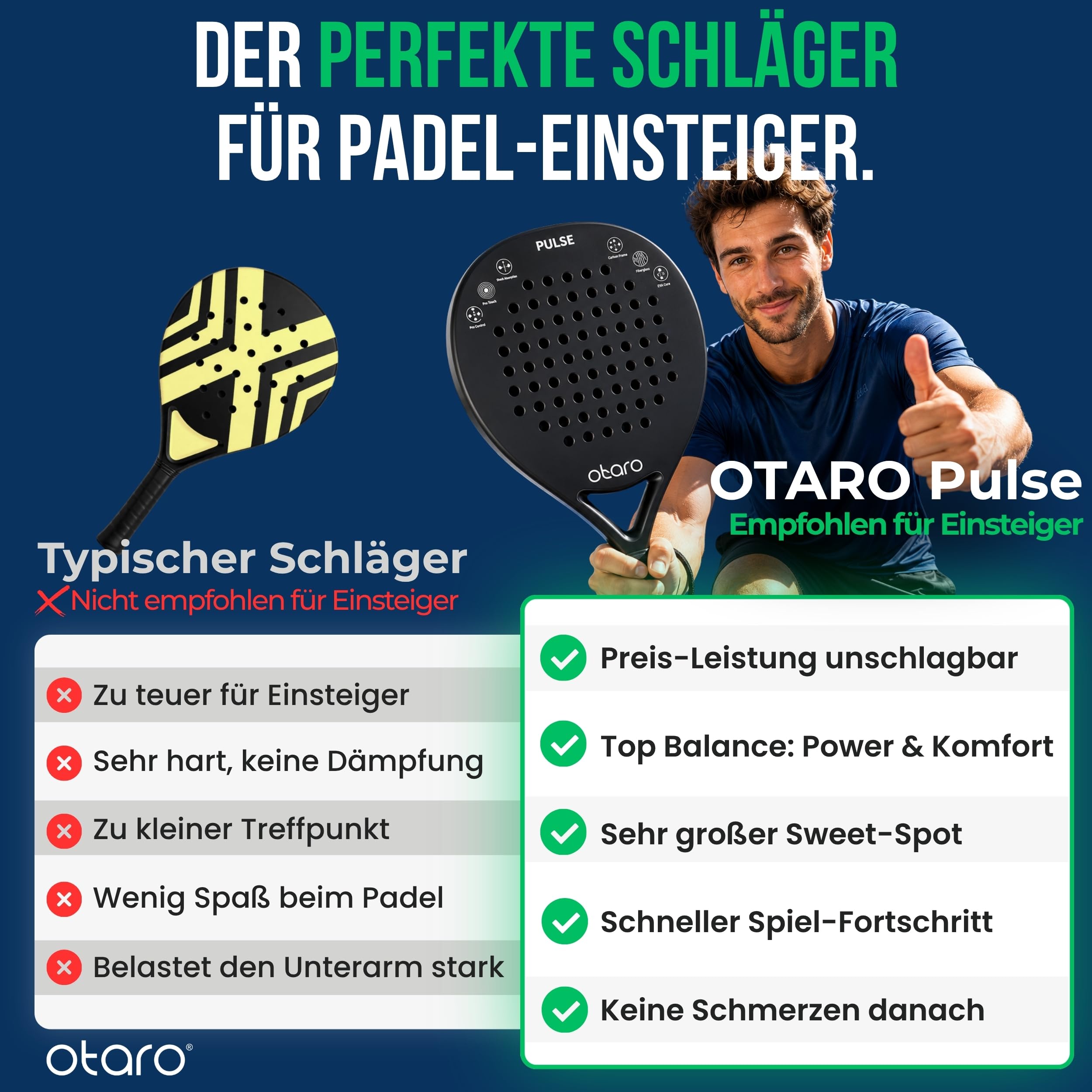 OTARO Padelschläger für Anfänger & Fortgeschrittene | Ultraleicht & ausbalanciert | Padel Schläger Carbon & Glasfaser mit Eva Kern für hohe Kontrolle und Power | Padel Racket mit komfortablem Griff
