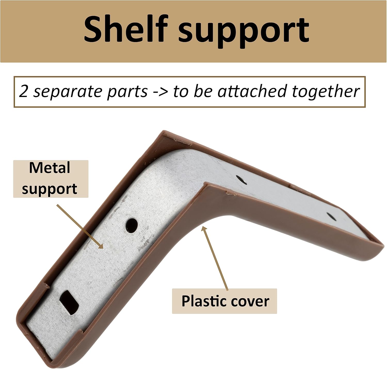AERZETIX - C41755 – Set of 2 brackets for shelf brackets with right angle 110 x 75 x 22 mm with plastic cover 118 x 77 x 25 mm for wall mounting – made of steel – brown