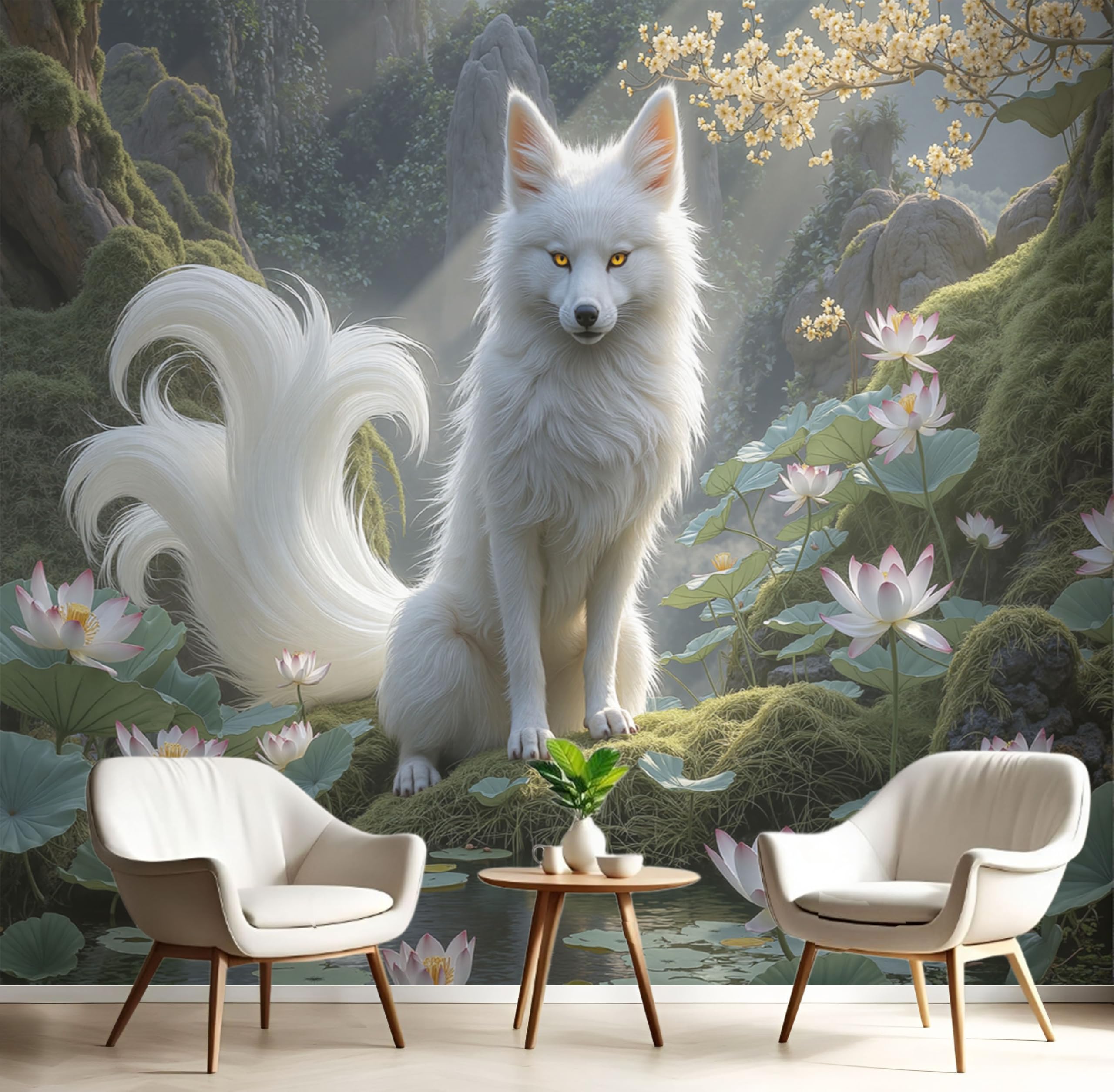 Papier peint panoramique renard à neuf queues et lotus 350x256cm