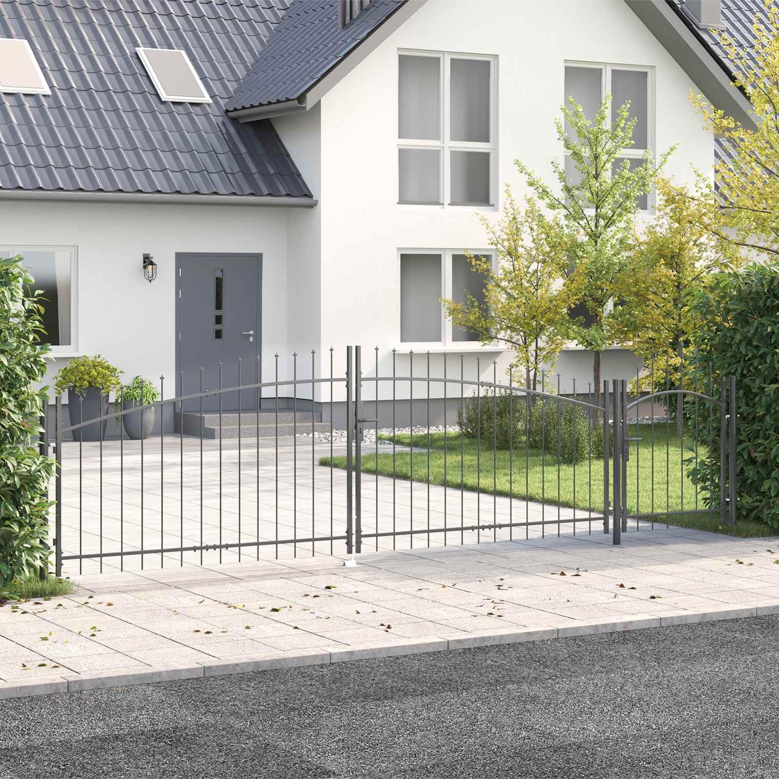 Portail de jardin 125x500 cm en acier gris avec serrure de sécurité