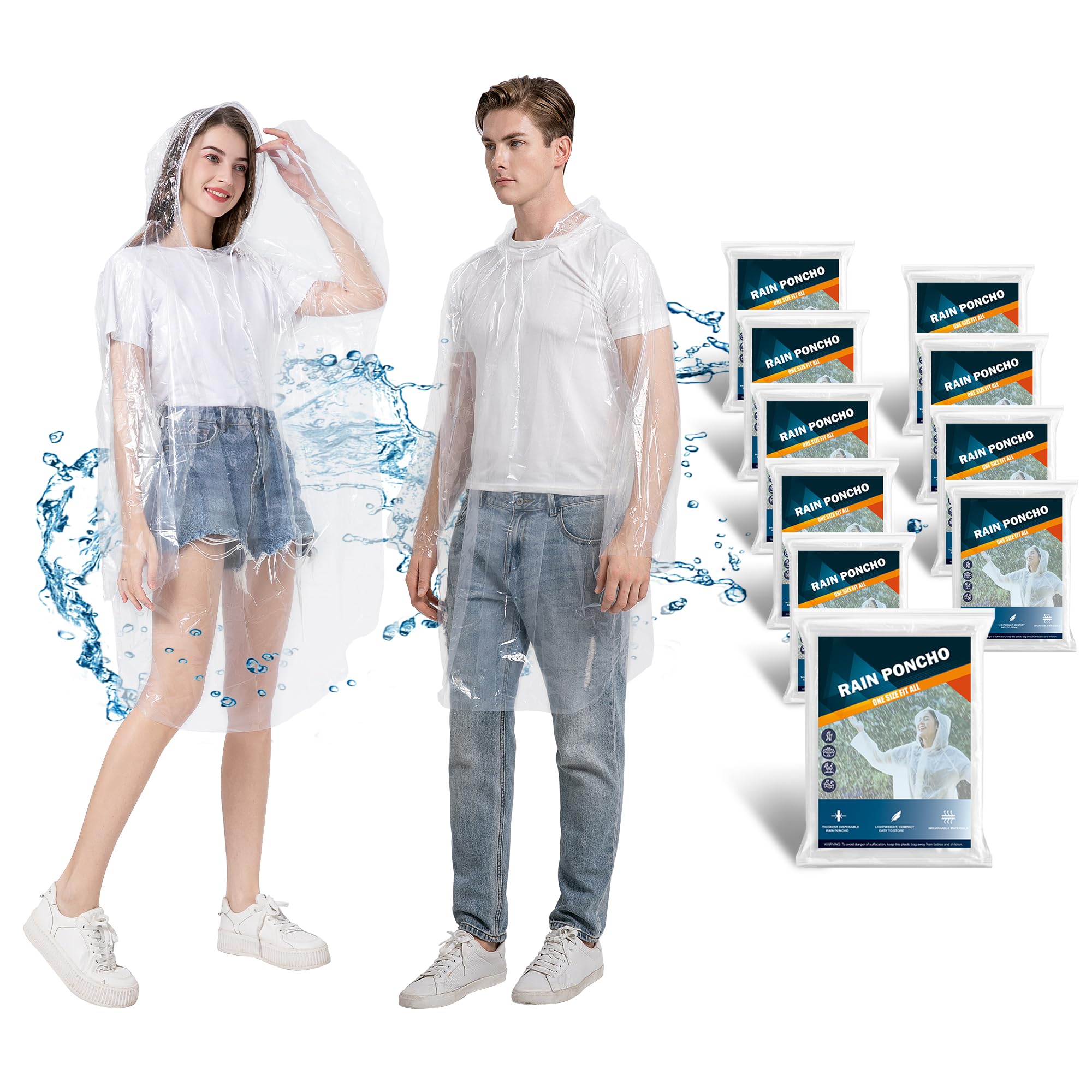 Kasu Clear 10 Pack Waterproof Poncho, Thick Disposable Poncho For Adult - Pac A Mac With Drawstring Hood For Outdoor Recreation, Festivals, Camping, Hiking