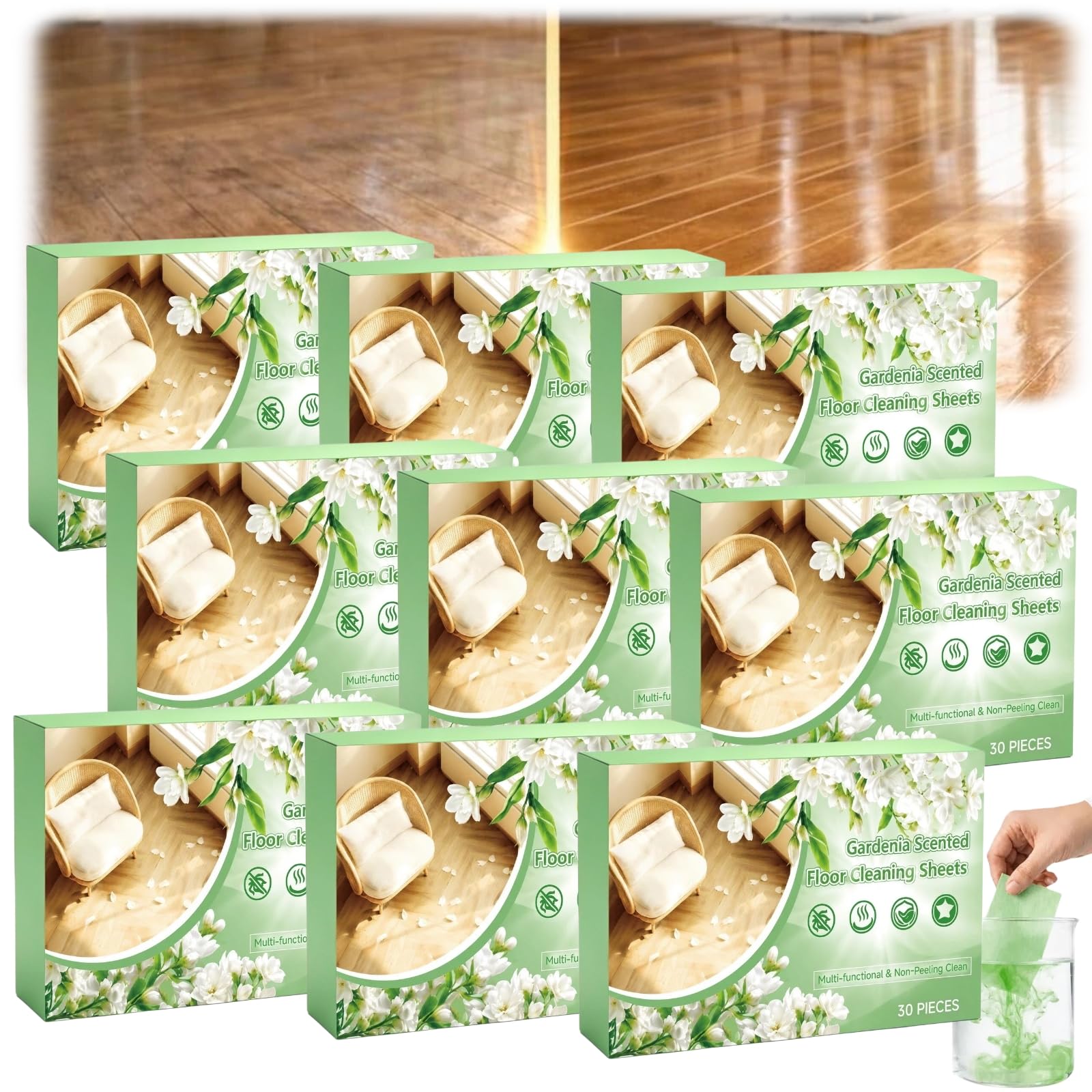 Multieffekt-Reinigungstabletten für Holzböden zum Wischen, wasserlösliche, vordosierte Tiefenreinigungslösung, wasserlösliche Multieffekt-Reinigungstücher für Hartholzböden, Kamelienduft (9pcs)
