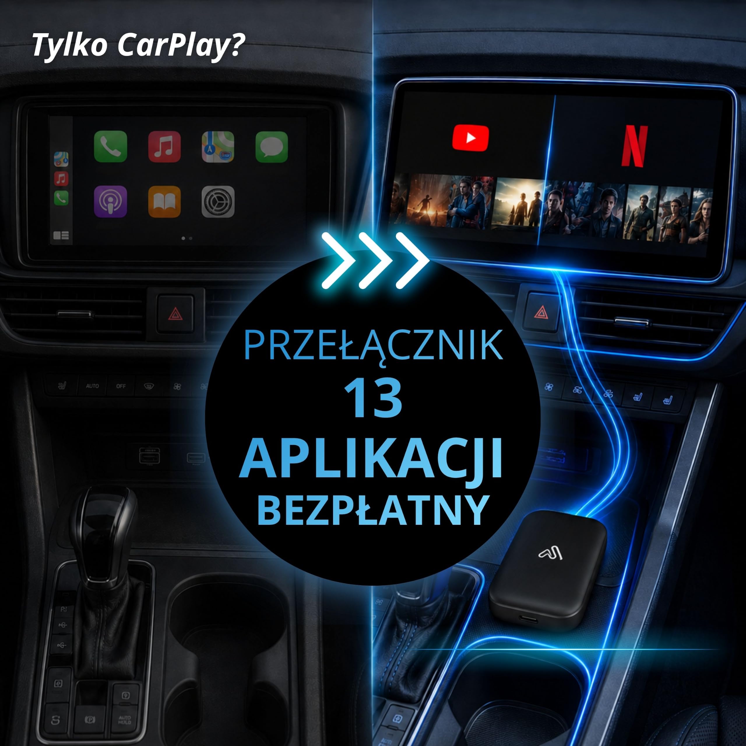 AUTOSKY AI Box Lite Flex – Bezprzewodowy adapter Apple CarPlay i Android Auto z aplikacjami streamingowymi (Netflix, Disney+, Prime Video i więcej) – Plug & Play