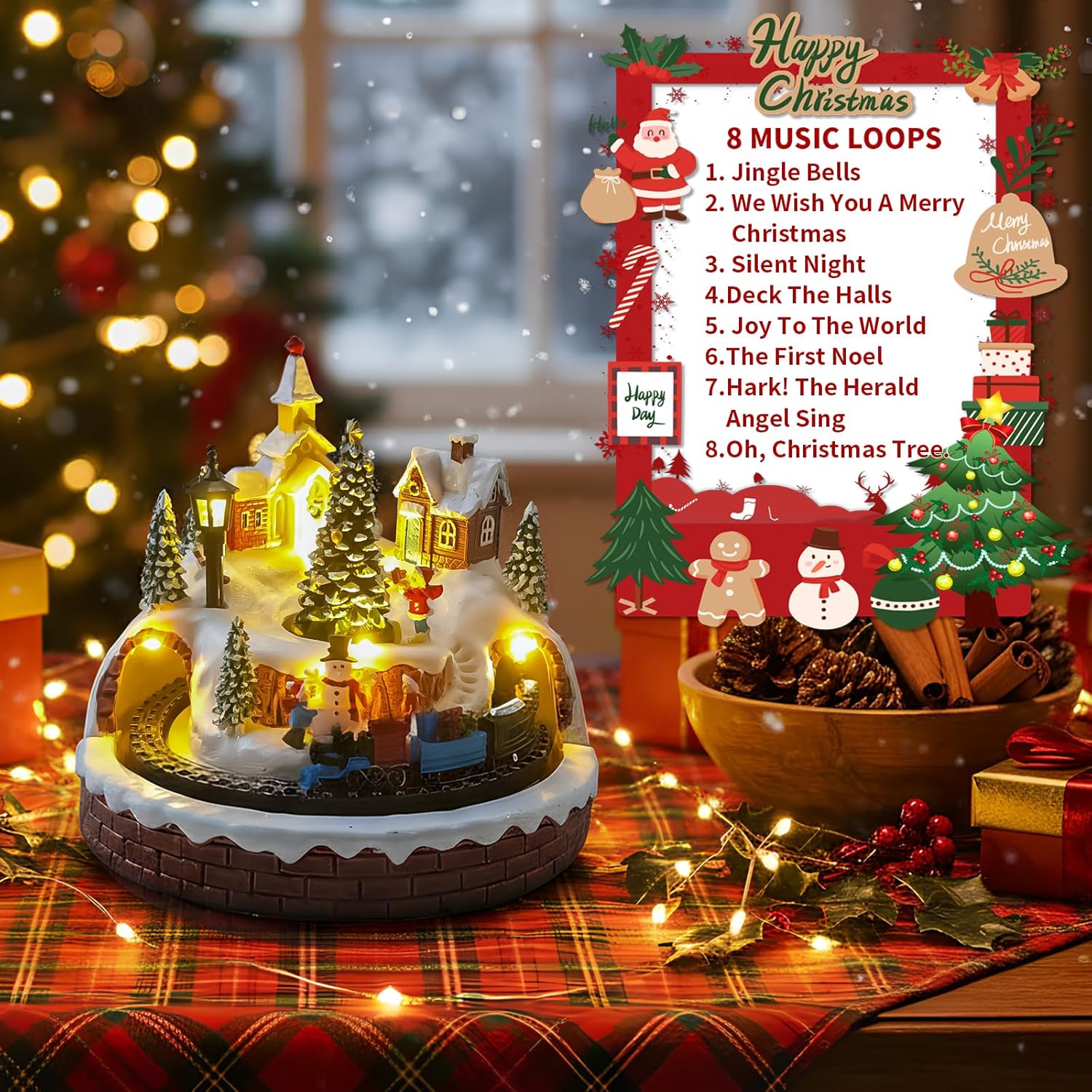 Christmas Village Decoration with Spinning Train & Christmas Tree, Musical Collectible Buildings, 8 Songs, LED Lights, Timer Function, and Dual Power (USB or Battery) - Perfect Holiday Decor & Gift