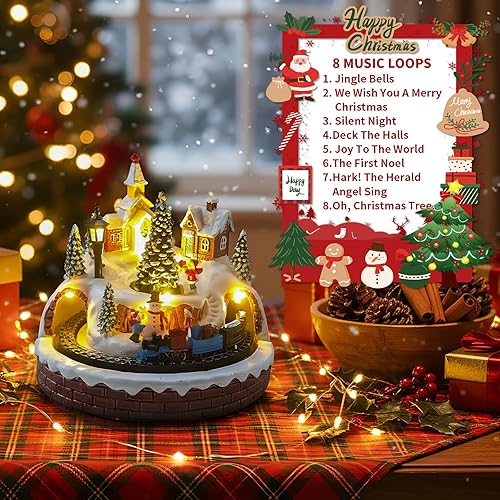 Miniatura 6 de Decoración de pueblo navideño con tren giratorio y árbol de Navidad, edificios musicales coleccionables, 8 canciones, luces LED, función de
