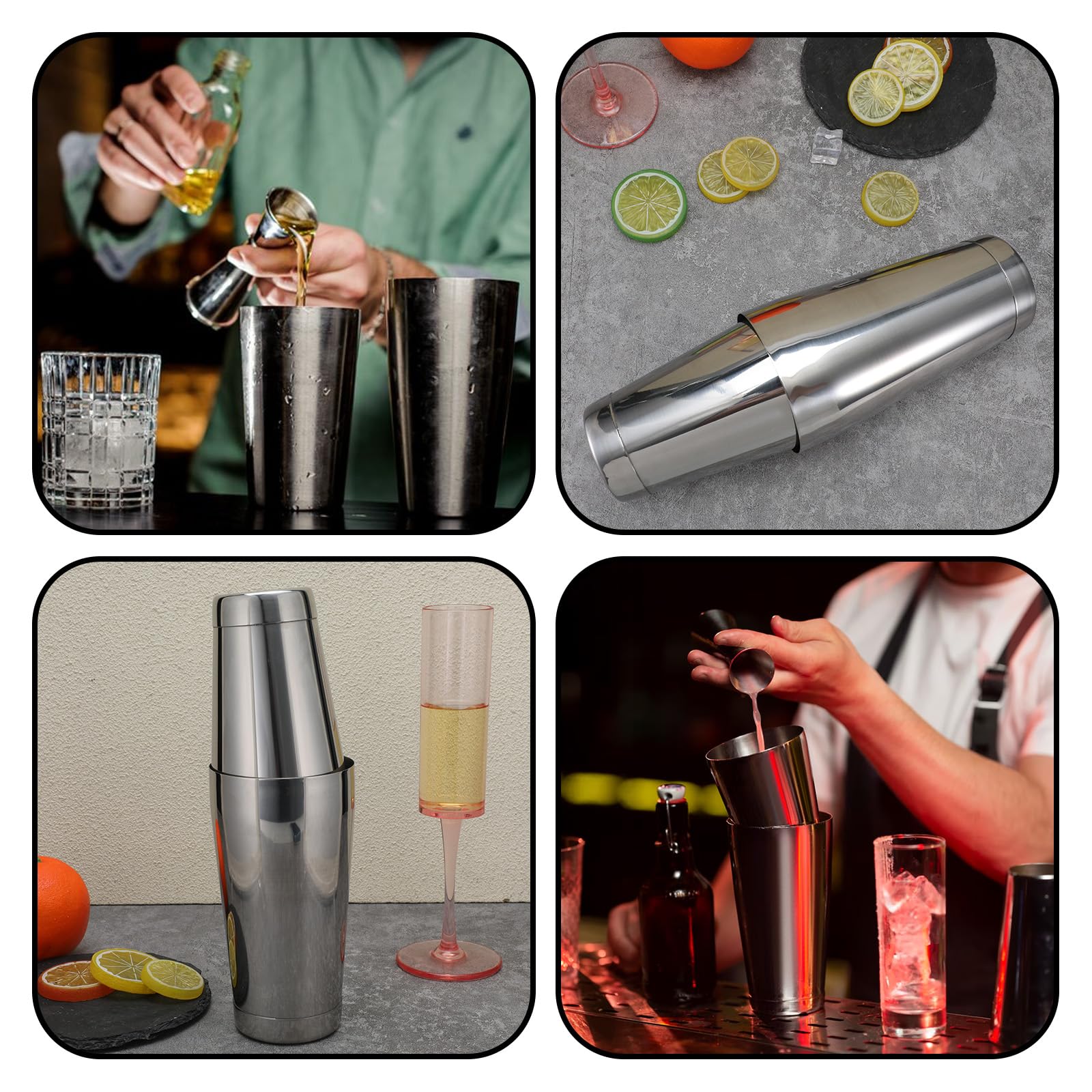 Giantree Set di 6 shaker per cocktail, professionale Boston Bar, in acciaio inox, set per baristi, strumenti essenziali da bar, shaker per baristi, 590 ml, 24 0 z