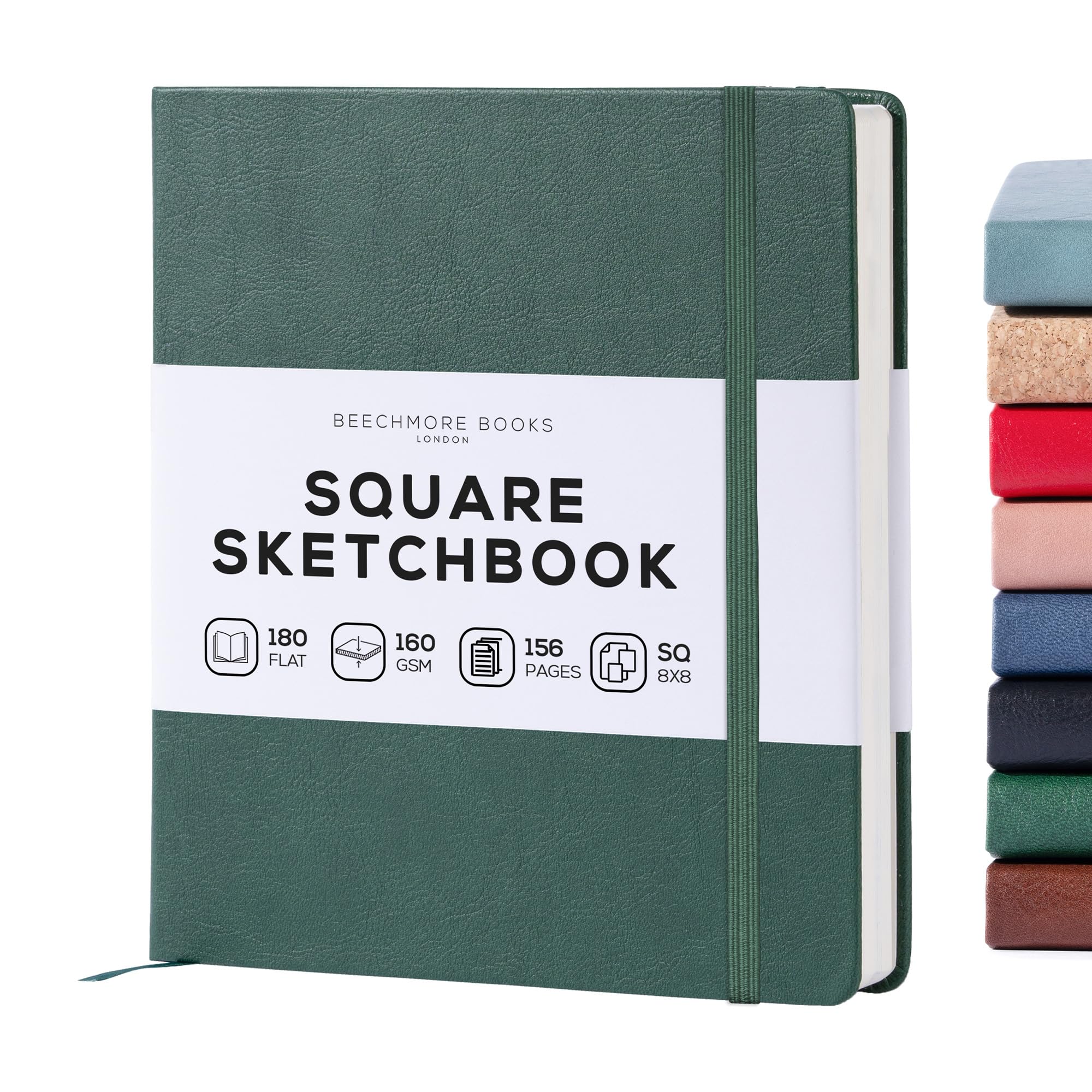 Beechmore Books Dartmouth Green Square Mixed Media Sketchbook – 8”X8” Inch Professional Art Journal, 160 Gsm / 98 Lb Ivory Paper, Perforated Pages, Vegan Leather Hardcover, Lay-Flat Design For Drawing & Doodling